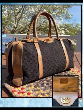 Vintage Gucci Micro GG Canvas Boston Bag Size 28 Black Tan Made in Italy